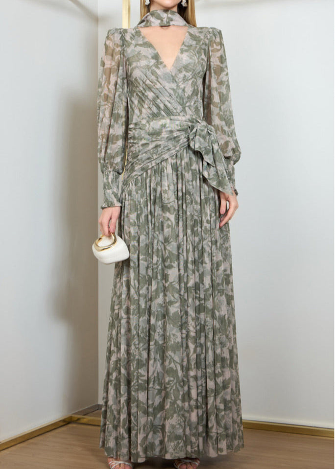 Vestido tulle floral con lazo cintura
