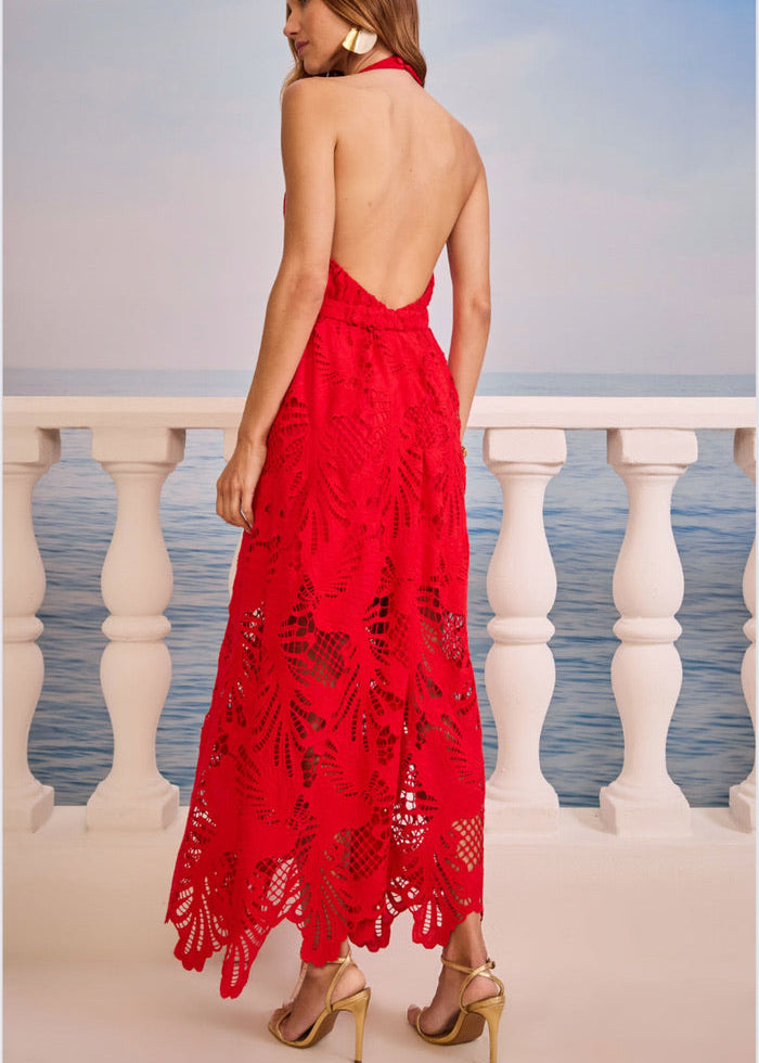 Vestido largo halter torchon con cinturón