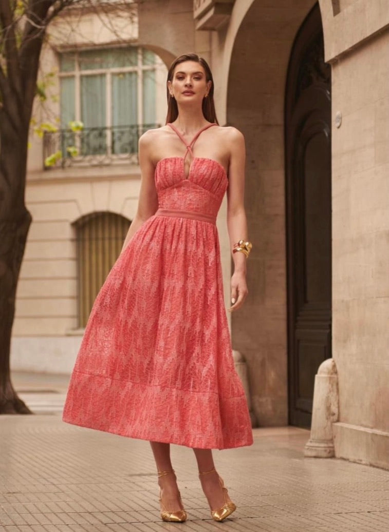Vestido midi encaje con lentejuelas
