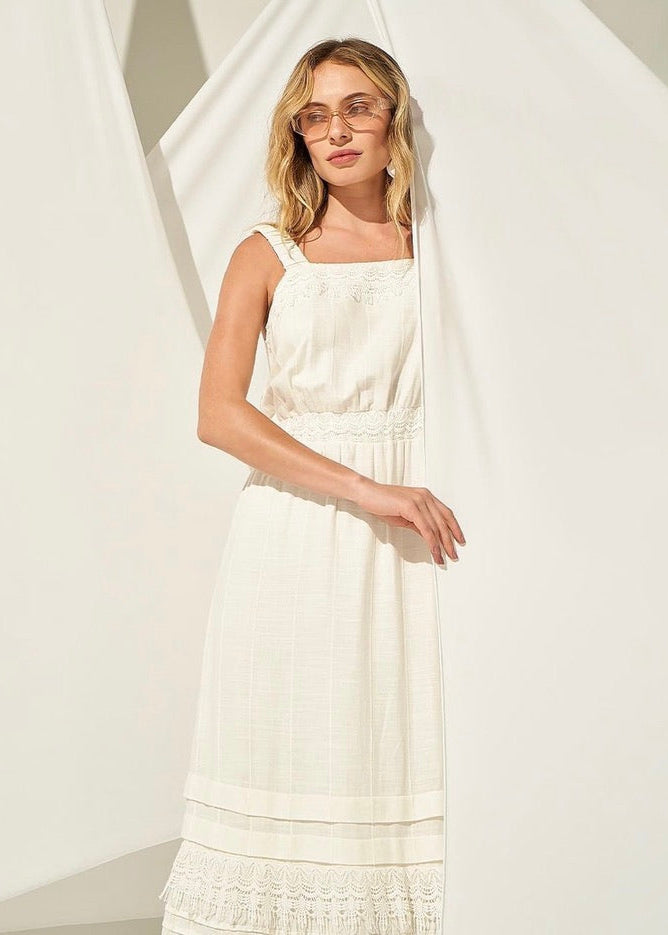 Vestido lino midi con encaje