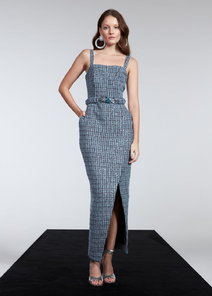 Vestido tweed midi con cinturón