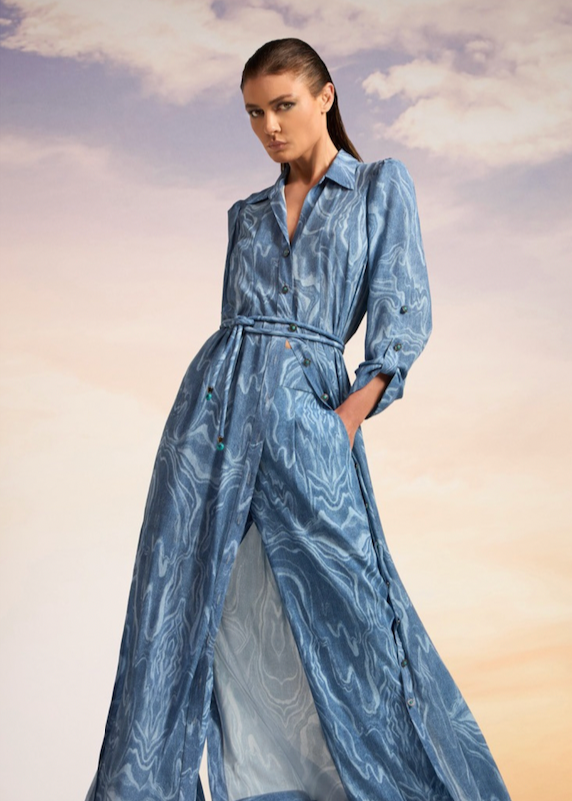 Conjunto tela tipo blue jean camisa y pant con cinturon
