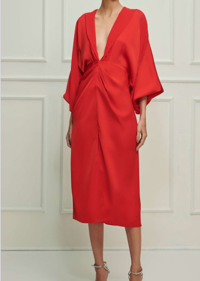 Vestido midi cuello V con mangas
