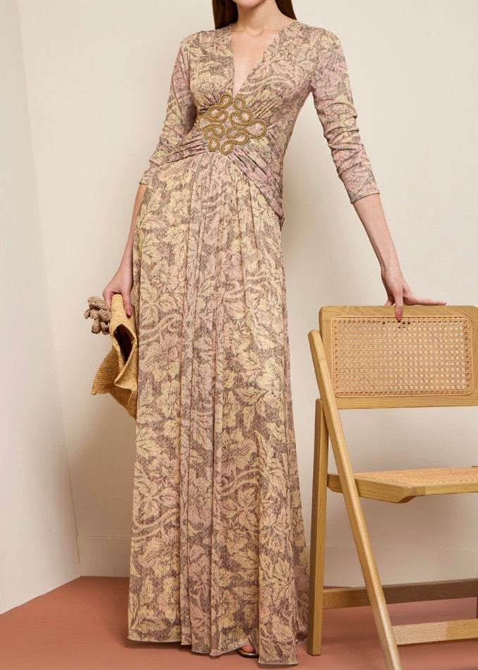 Vestido largo tulle con aplique bordado