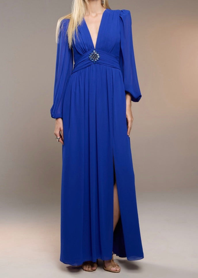 Vestido largo cuello V con aplique centro