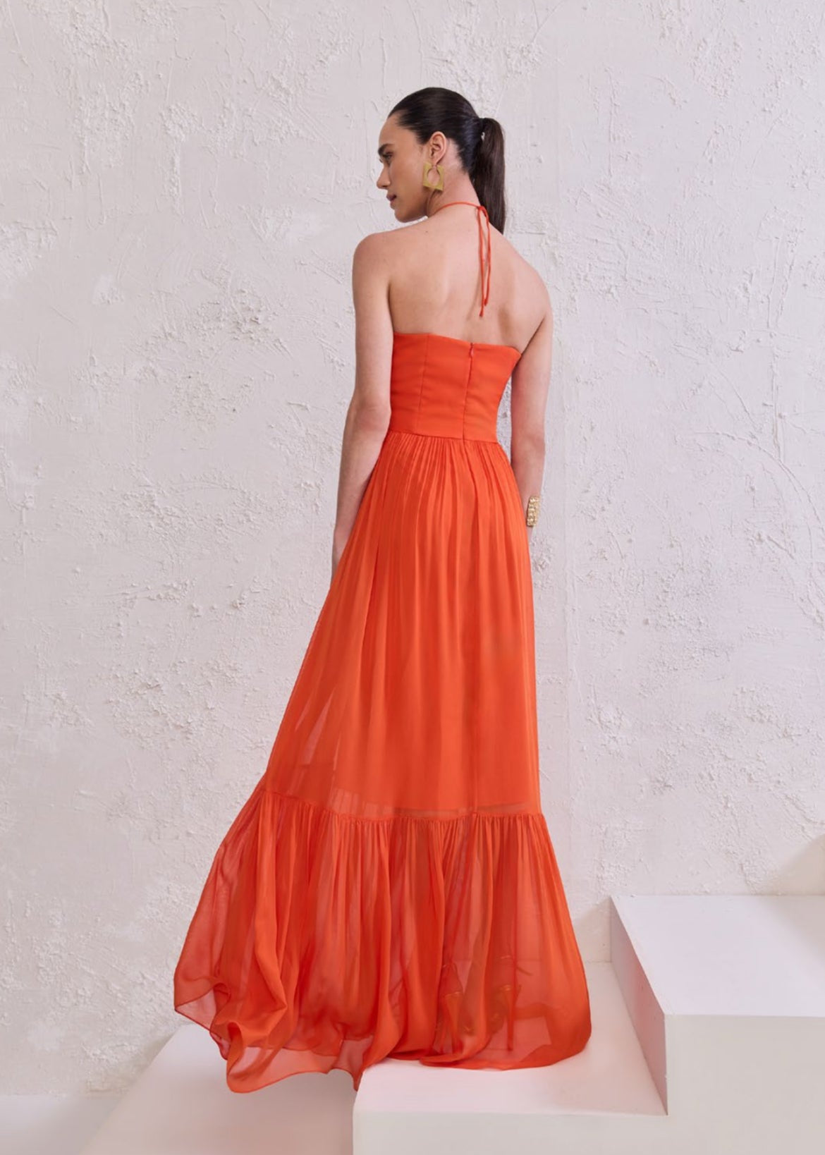 Vestido largo drapeado tiras cruzadas