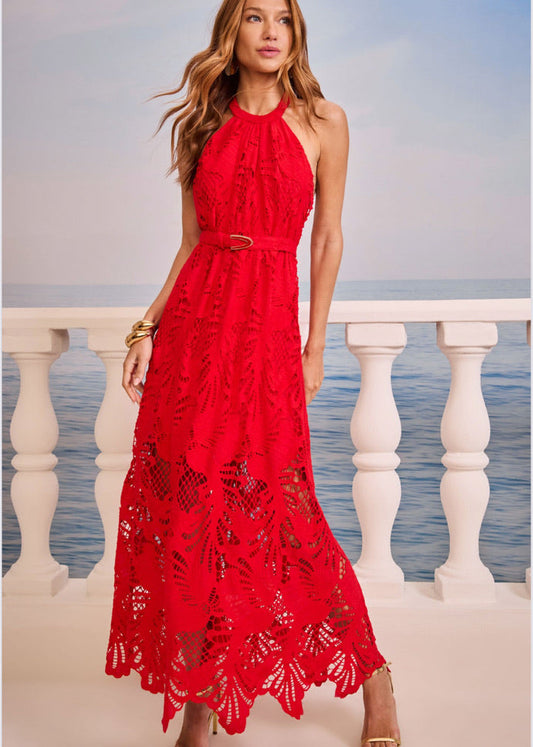 Vestido largo halter torchon con cinturón