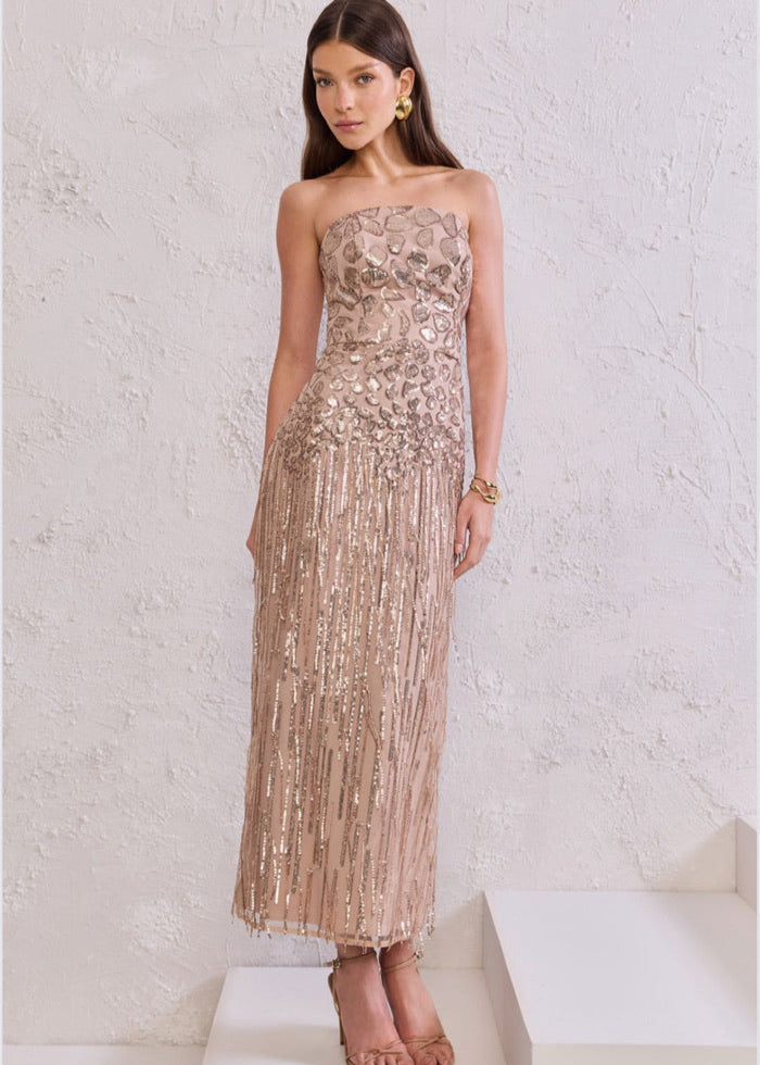 Vestido midi strapless bordado hojas