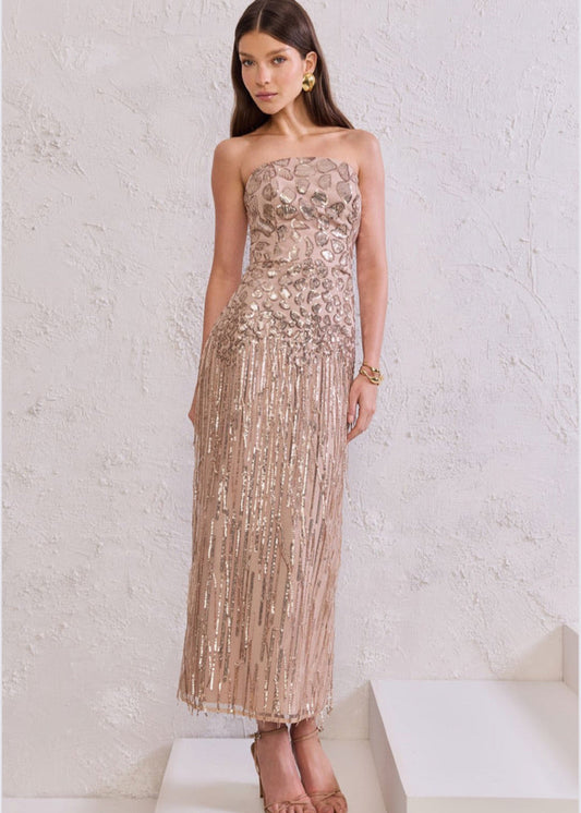 Vestido midi strapless bordado hojas