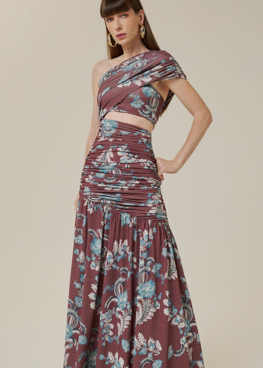 Vestido largo emily drapeado un hombro