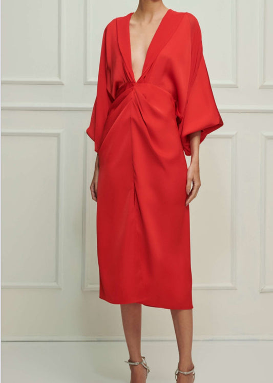 Vestido midi cuello V con mangas
