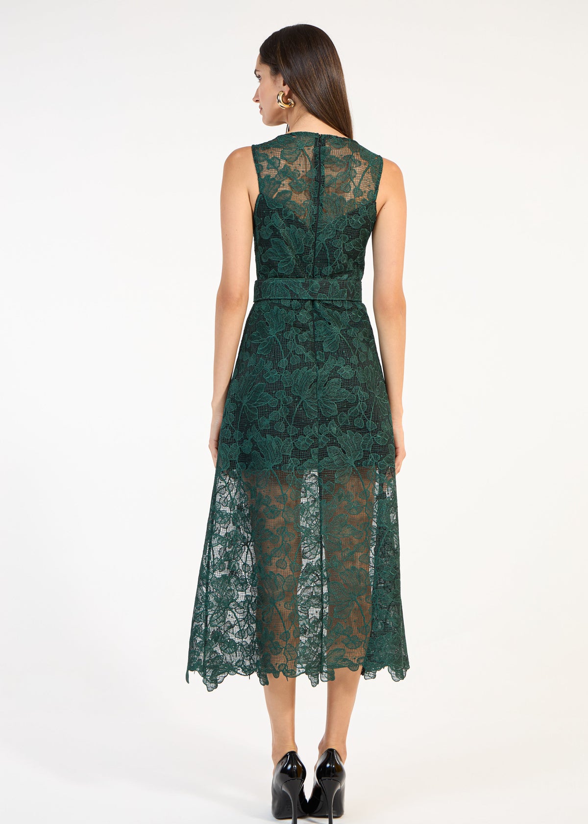 Vestido encaje midi con cinturón