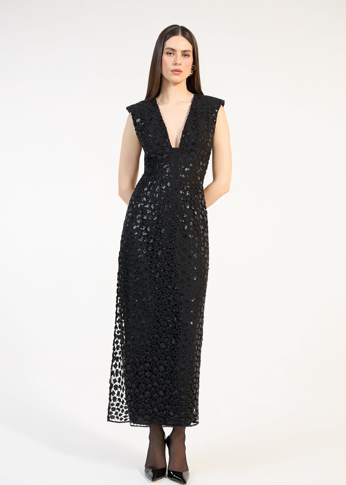Vestido midi encaje lentejuelas