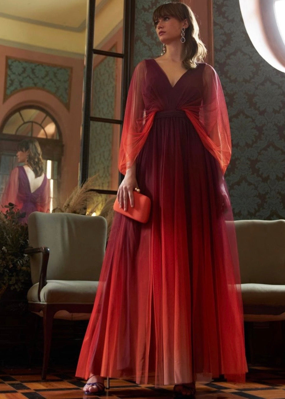 Vestido degrade mangas tulle